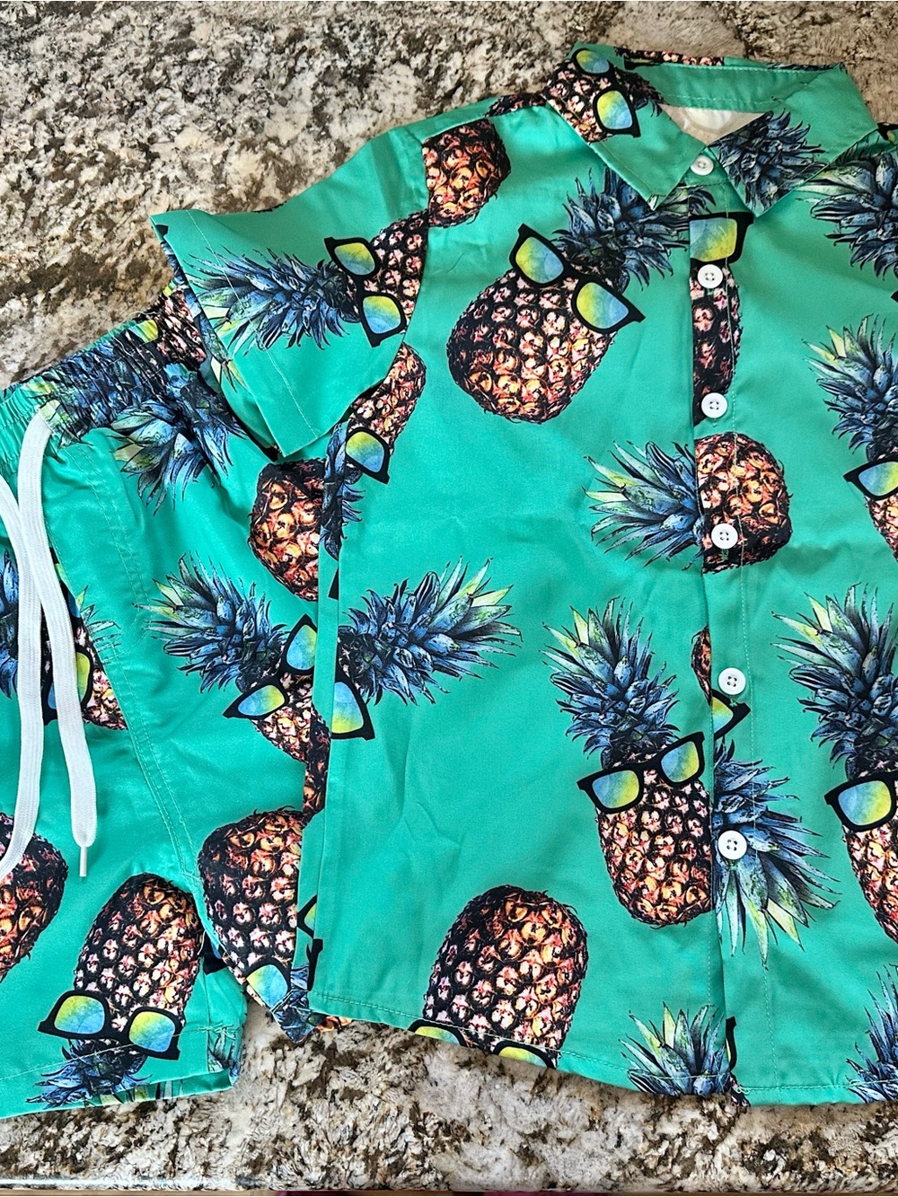 Kids Tropical Pineapple Print Button-Up Shirt & short set